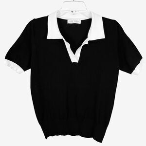 Kate Kasin black knit top white collar cuffs Sm